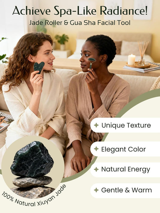 Face Roller & Gua Sha Facial Tools, Face Massager for Self Care, Jade Roller for face, Jawline Sculpting and Puffiness Reducing