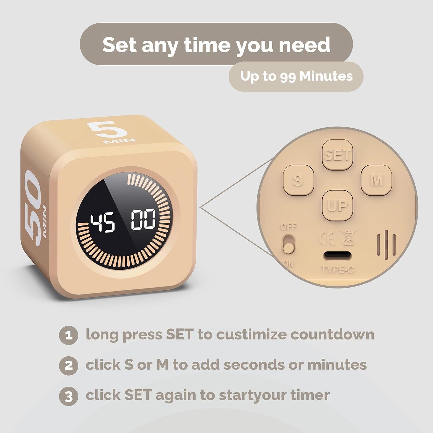 KADAMS Pomodoro Timer Visual - Productivity Pomodoro Cube, 5/10/25/50 Min Countdown & Countup, Silent – Ideal for Work Study Cook Workout Kitchen School Classroom Office ADHD Gift Kids (1, Black)