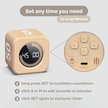 KADAMS Pomodoro Timer Visual - Productivity Pomodoro Cube, 5/10/25/50 Min Countdown & Countup, Silent – Ideal for Work Study Cook Workout Kitchen School Classroom Office ADHD Gift Kids (1, Black)