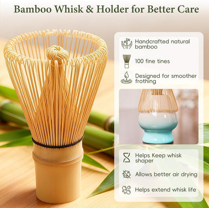 Matcha Whisk Set, Ceramic Matcha Set Includes Bowl & Holder, Bamboo Whisk (Chasen), Scoop, Spoon and Sifter, 6PCS Matcha Kit Covers Everything Needed for Making Matcha (Green)