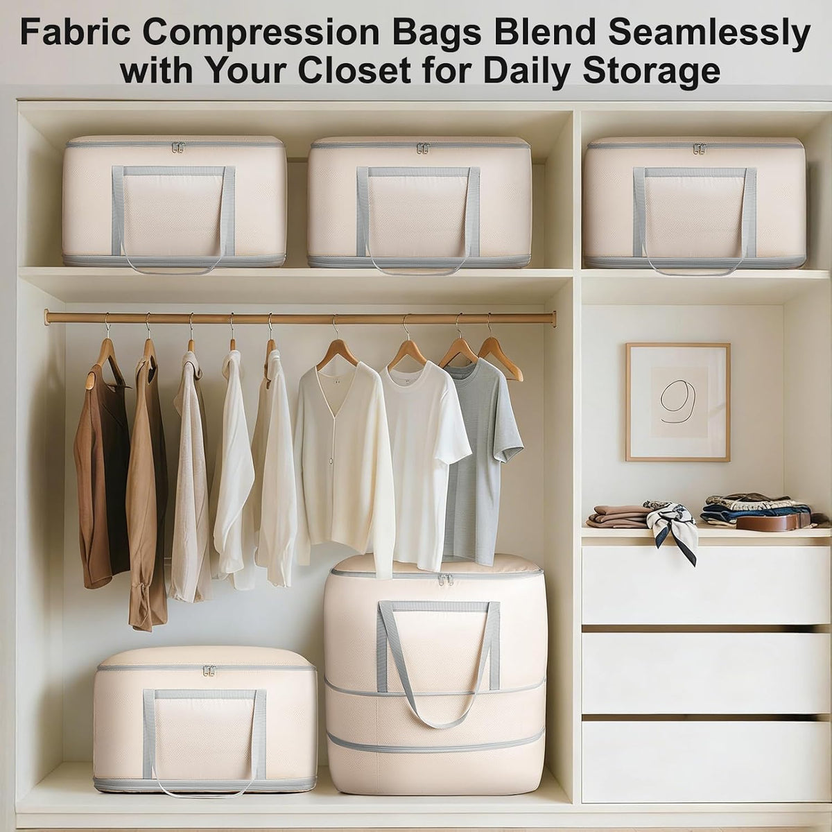 Comforter Storage Bag - 130L Large Capacity Blanket Storage Bags 4-Layer Ultra Space Saving Self Compression Organizer, Washable Compression Bags for Storage Comforter Blanket, Beige