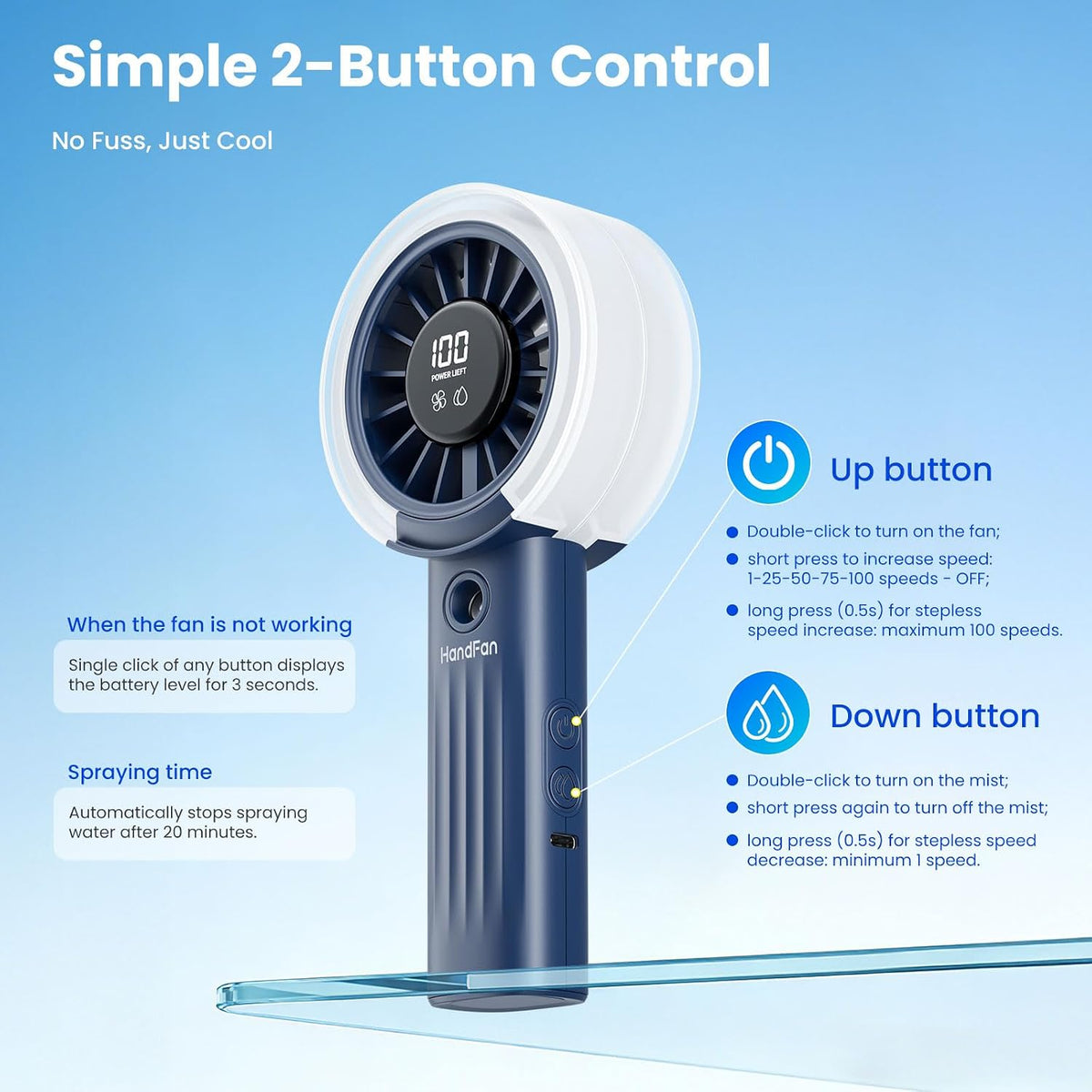 HandFan Upgraded Misting Fan with LED Display – Extreme Cooling Portable Handheld Fan with Water Mist Spray, 50% Stronger Airflow & Quieter, USB Rechargeable for Travel/Park/Disney/Beach/Concert/Game