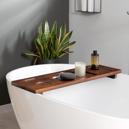 Teak Bathtub Tray for Freestanding Tubs - 35" Heavy-Duty Luxury Bath Caddy, Non-Slip Zero-Wobble Design, Water-Resistant Spa Organizer with Wine Glass & Phone Holder