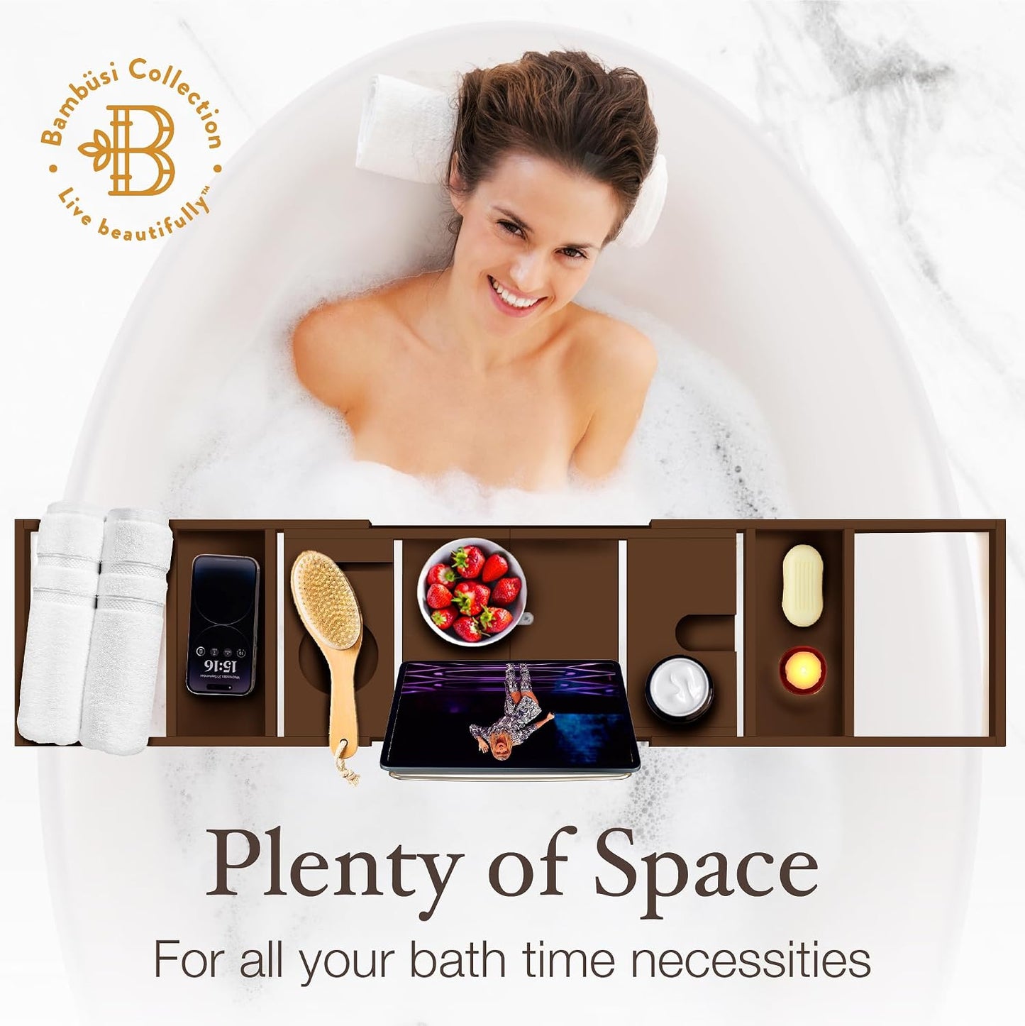 Bambüsi Bathtub Tray for Tub - Brown Bamboo Bath Tray, Expandable Wooden Bath Caddy Tray with Wine Holder, Book and Tablet Stand, Bathroom Accessories, Tub Table, Spa Bath Gifts for Women and Couples