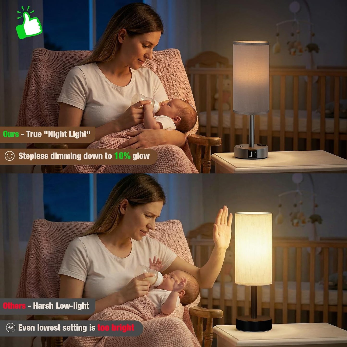 Touch Bedside Table Lamp with Memory - Stepless Dimmable Lamp for Bedroom, Small Nightstand Lamp with Dual USB Charging Ports and AC Outlet, Wood Night Light, Desk Lamp for Nursery, Living Room, Dorm