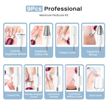 COSLUS C43 Professional Manicure Pedicure Kit, 5-in-1 Electric Nail File for Toenail Hand Feet, Basic & Thick Nails Care, Cordless, 5 Speeds, for Men Women Seniors Home Salon, Wider Grinder, White