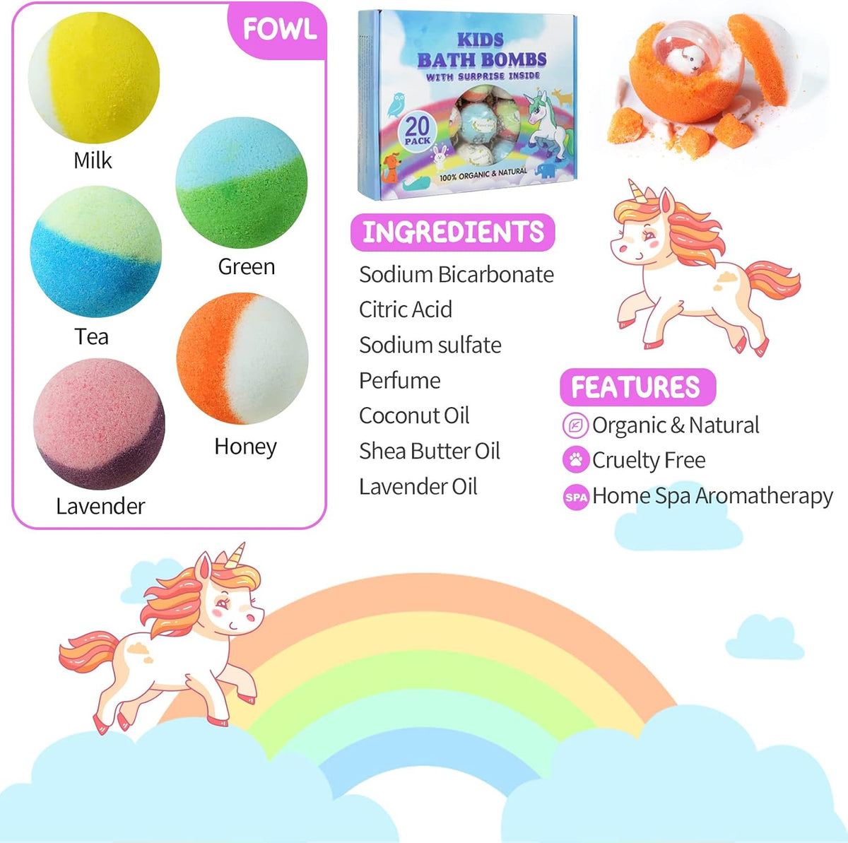 Bath Bombs for Kids 20Pcs Organic Fizzy Gift Set with Surprise Toys Inside
