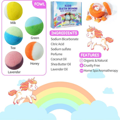 Bath Bombs for Kids 20Pcs Organic Fizzy Gift Set with Surprise Toys Inside