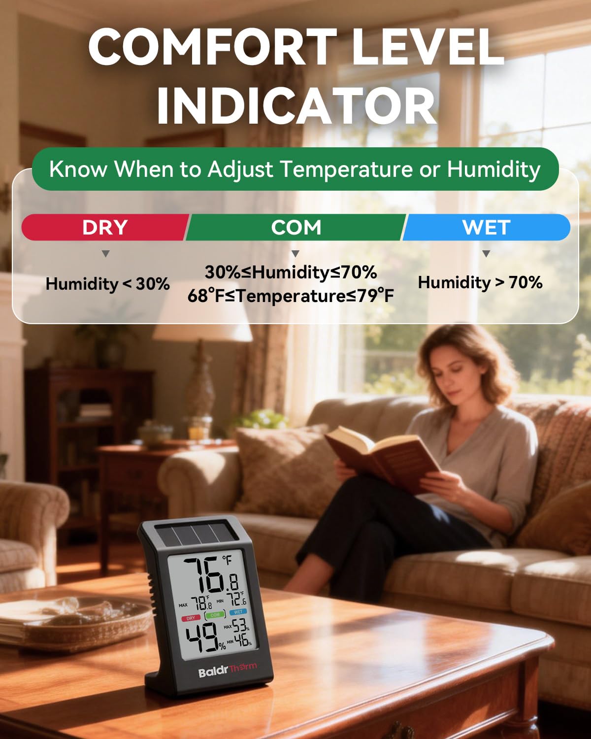BALDR Indoor Thermometer Hygrometer, Solar Power with Battery Backup, Large Display, Daily Max/Min & Comfort Indicator Humidity Meter (White)