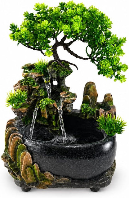 Indoor Tabletop Water Fountain with LED Light, Resin Rock-Look Waterfall Decor, Feng Shui Inspired Zen Fountain for Desk, Office, Bedroom, Living Room & Meditation Space (9" Cascading Rock)