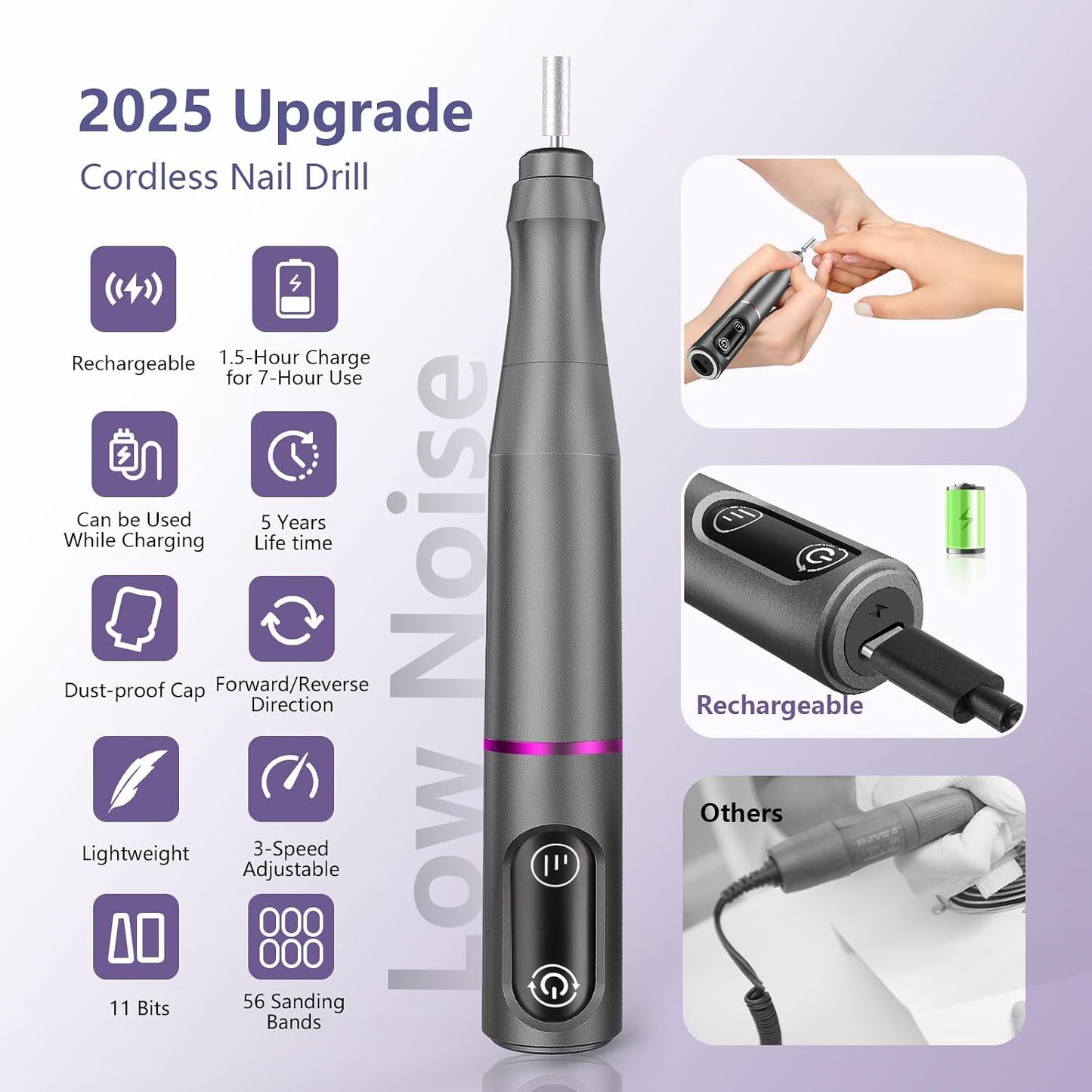 TUOBEO Cordless Nail Drill Electric Nail File Kit, Rechargeable Efile Set, Portable Acrylic Gel Nail Polish Remover Machine, Pedicure Manicure Tool, 11 Bits, 56 Sanding Bands, Salon Home, Purple