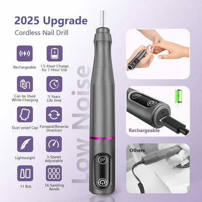 TUOBEO Cordless Nail Drill Electric Nail File Kit, Rechargeable Efile Set, Portable Acrylic Gel Nail Polish Remover Machine, Pedicure Manicure Tool, 11 Bits, 56 Sanding Bands, Salon Home, Purple