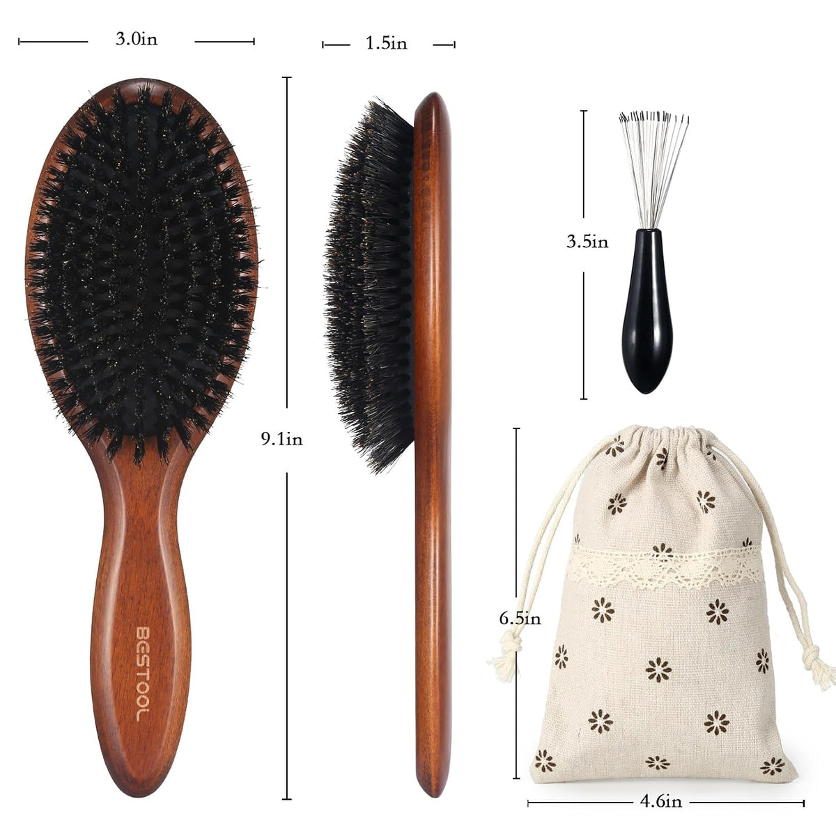 BESTOOL Hair Brush-Boar Bristle Hair Brushes Natural Bamboo Wooden Cushion Massage Anti Static Large Paddle Hairbrush for Women Men and Kid (Round)