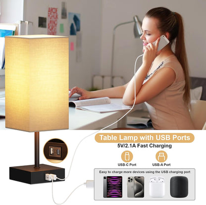Table Lamp for Bedroom, 3 Way Dimmable Touch Bedside Lamp, Small Lamp with 2 USB C+A Charging Ports, Black Nightstand Lamps for End Table, Living Room, Desk, Bulb Included