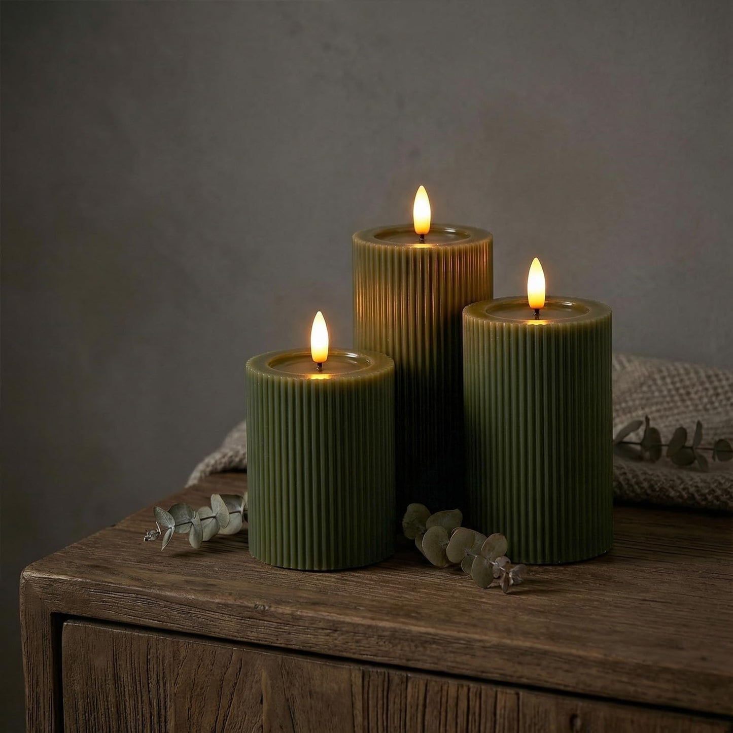 Ribbed Fluted Real Wax Flameless LED Pillar Candles, Loden Sage Olive Green, Melted-Wax Top Look, Flickering Flame, Battery Operated, Remote & Timer, Shelf & Wedding Decor (Set of 3)
