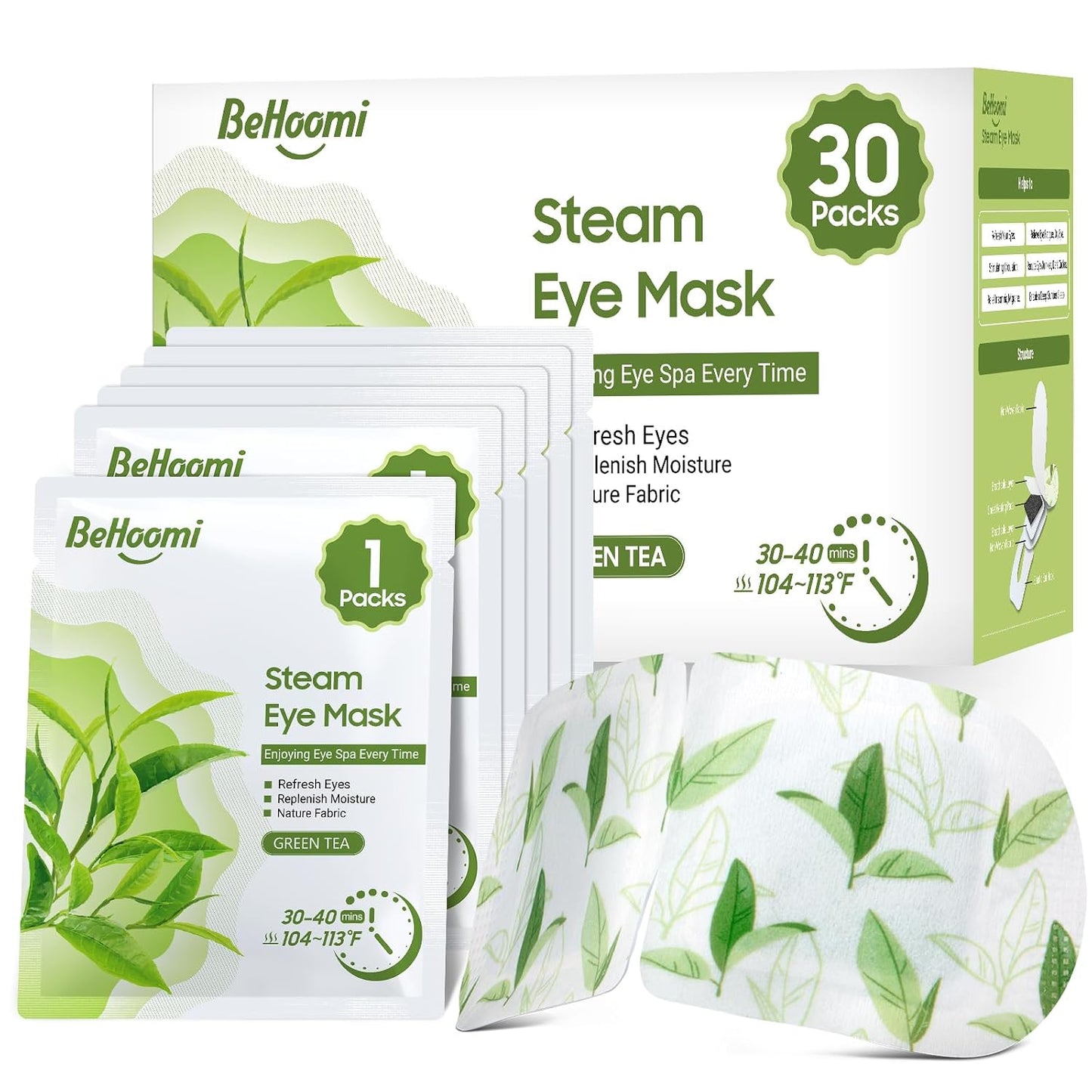 BeHoomi 30Packs Steam Eye Mask, Heated Eye Mask Warm Compress for Eyes, Self Heating Warm Eye Masks Disposable Steam Mask for Home Sleep, Spa, Travel Essentials & Relaxation Gifts (Chamomile)