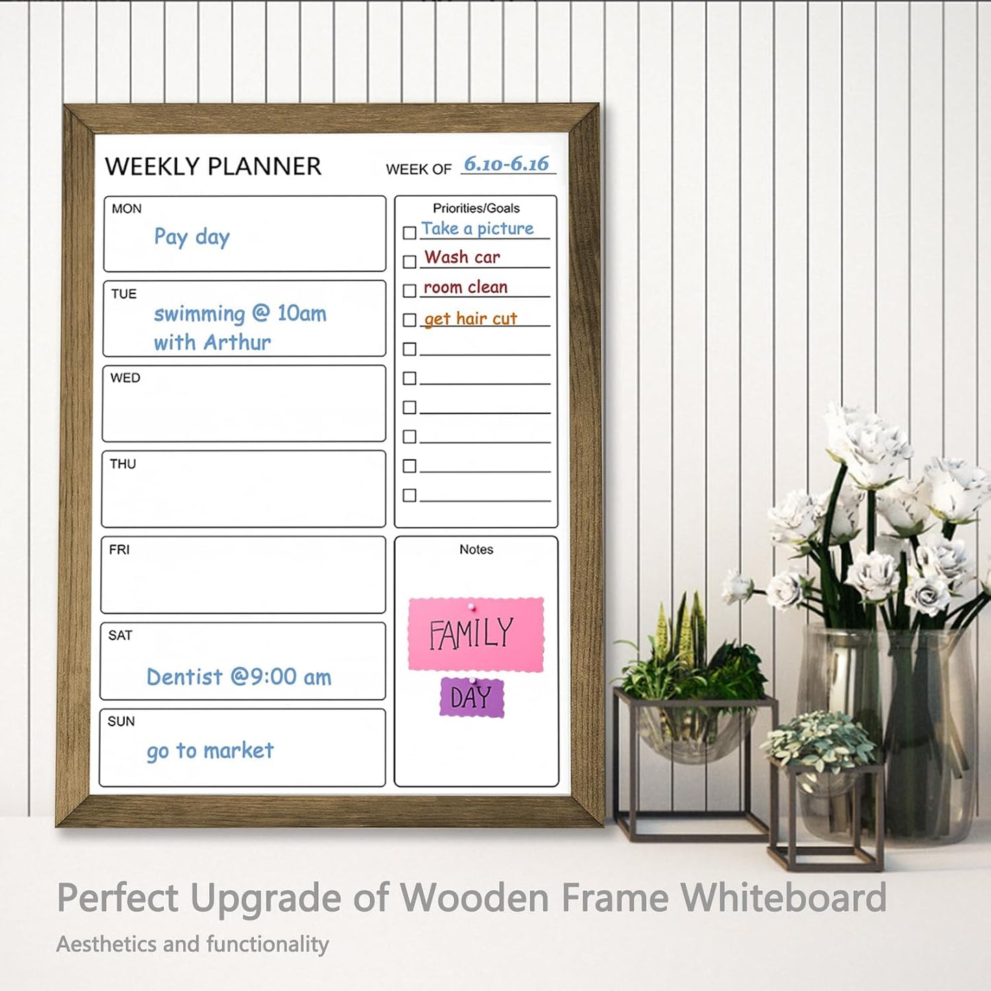 Dry Erase White Board Weekly Calendar Board, Magnetic Whiteboard for Wall,10.6“x14.7 Solid Wood Rustic Brown Framed Message Board, Planner Board for Office, Home, Schooll(Weekly-BB-RB-2737)