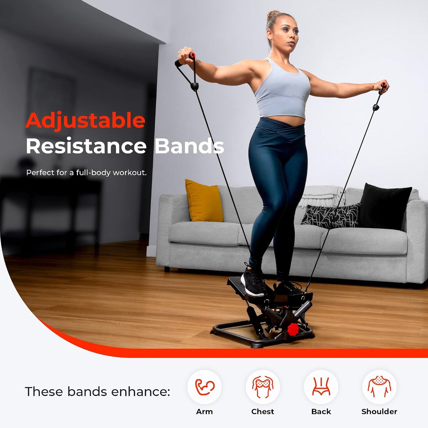 Sunny Health & Fitness Twist Steppers with Resistance Bands, Compact Mini Stair Step Machines for Low-Impact Home Cardio Workouts