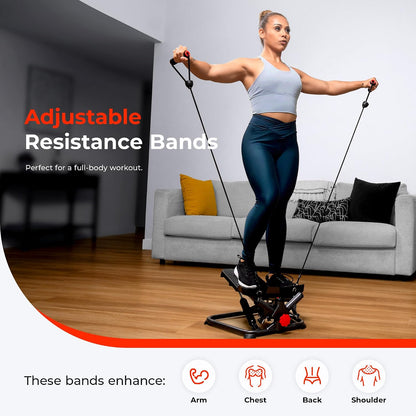 Sunny Health & Fitness Twist Steppers with Resistance Bands, Compact Mini Stair Step Machines for Low-Impact Home Cardio Workouts