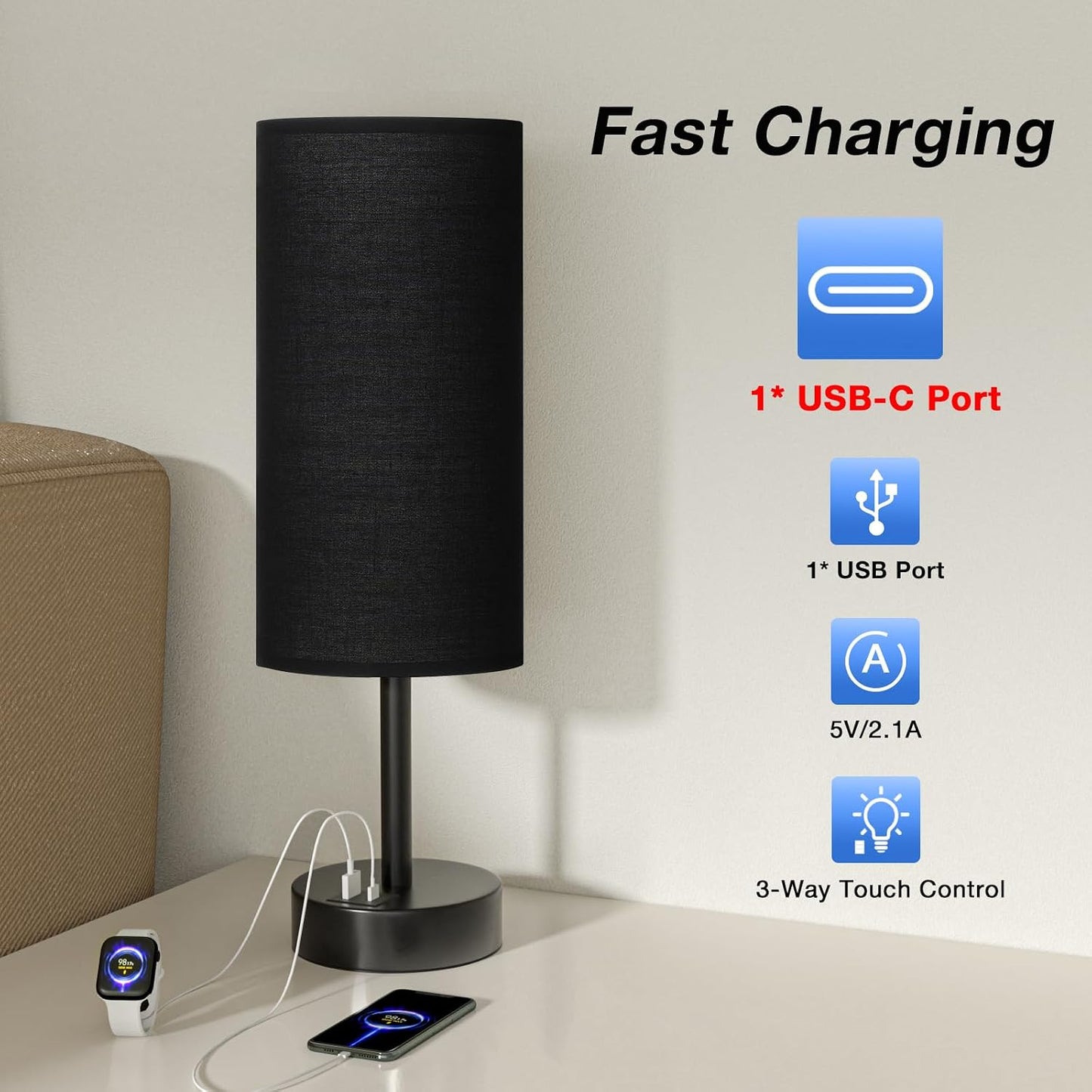 Dicoool Touch Table Lamp for Bedroom, 3 Way Dimmable Bedside Lamp with USB C & A Charging Ports - Small Desk Lamp for Dorm Room, College, Kids, Office, Living Room, White