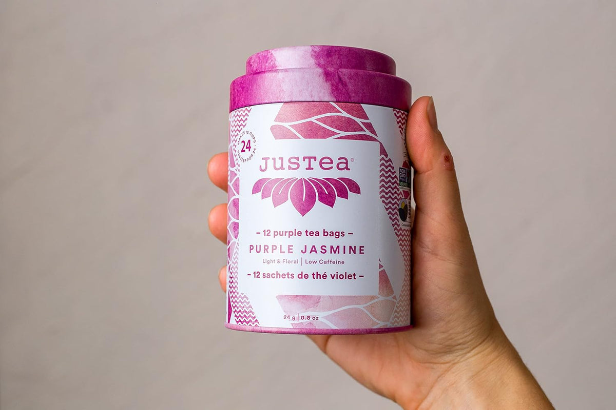 JusTea PURPLE JASMINE Plastic-Free Pyramid Purple Tea Bags, 12+ Cups Tin