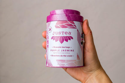 JusTea PURPLE JASMINE Plastic-Free Pyramid Purple Tea Bags, 12+ Cups Tin