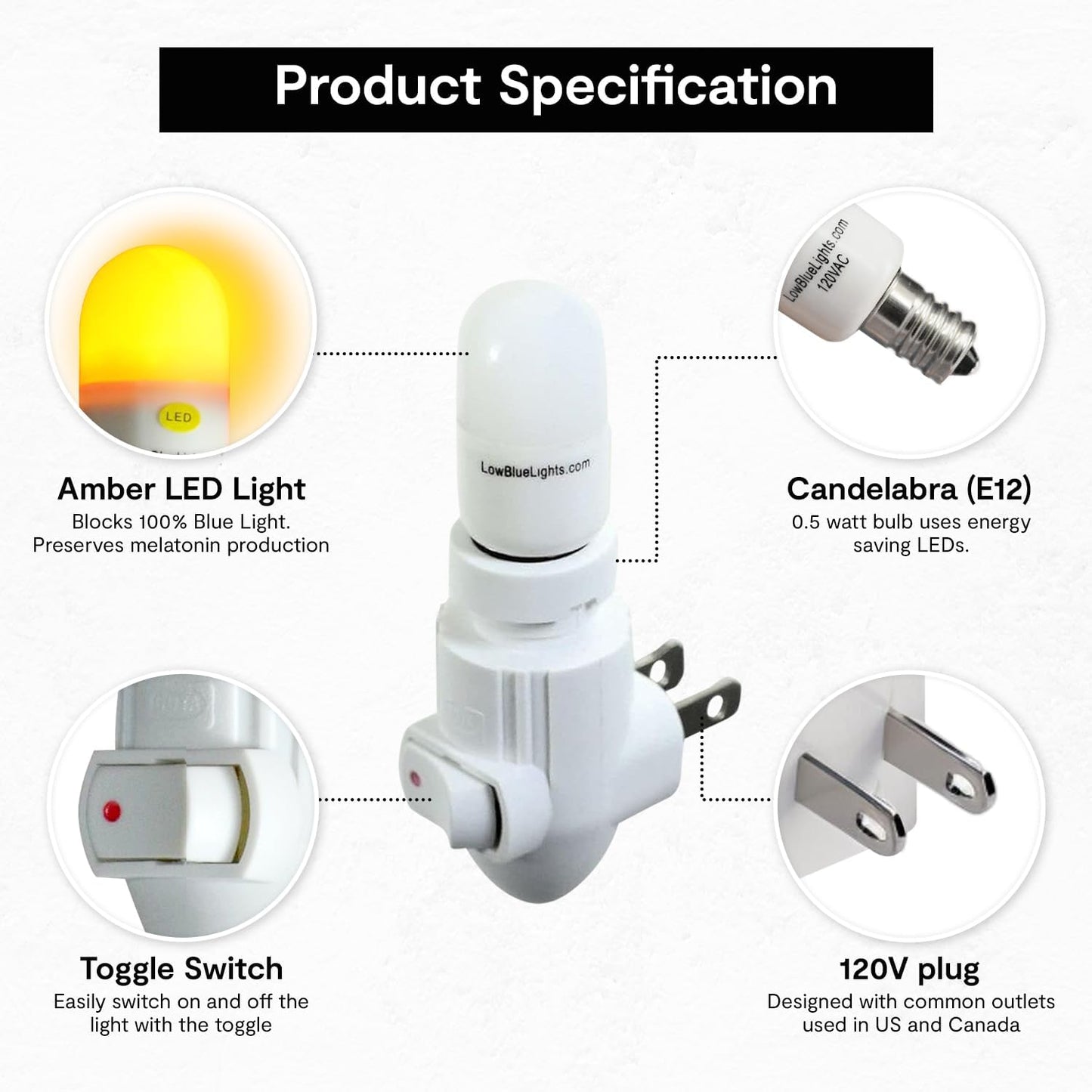 LowBlueLights Amber Night Light Plug in, 120V E12 Blue Light Free Bulb | 120V plug-in amber night light, blue light free, dim 0.5W E12 bulb for bedroom, nursery, bathroom, hallway