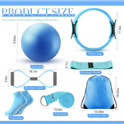 Poen Pilates Equipment Kit for Home Workout Pilates Ring and Ball Set for Women 12'' Circle Yoga Fitness Essentials Kit with Resistance Bands, Yoga Strap, Socks,Bag