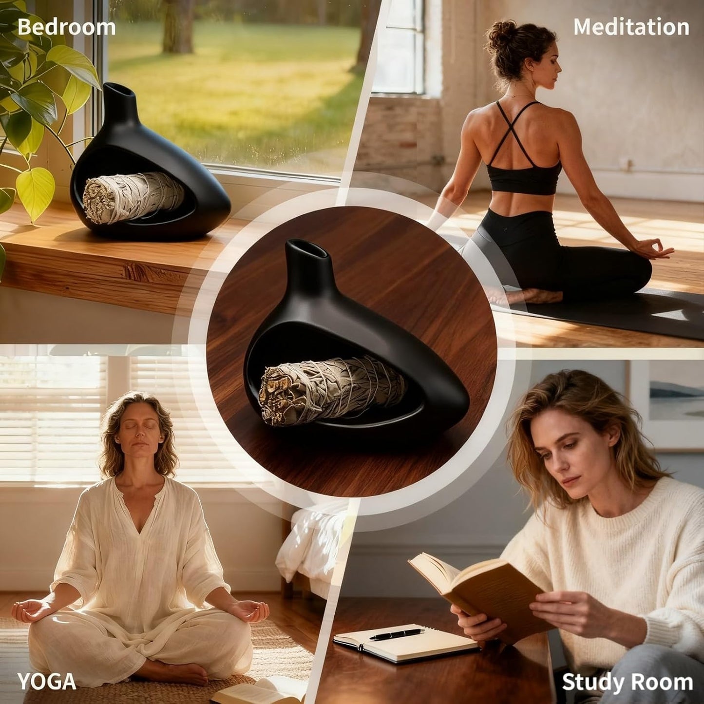 Palo Santo Holder, Ceramic Incense Burner for Sticks Sage Holders Cone Burning Smudge Bowl with Ash Brush for Meditation Yoga Spa Room Decor (White)