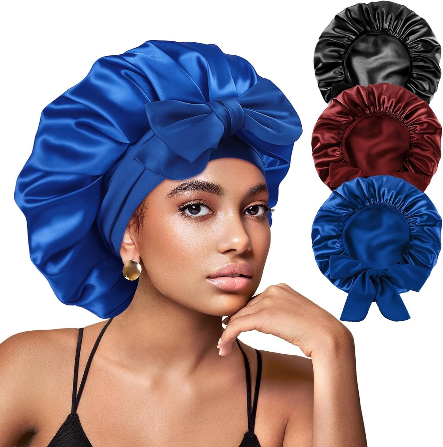 Yanideer 3 pcs Adjustable Satin Bonnets for Sleeping Double Layer Satin Lined Hair Bonnet with Tie Band for Women Curly Hair