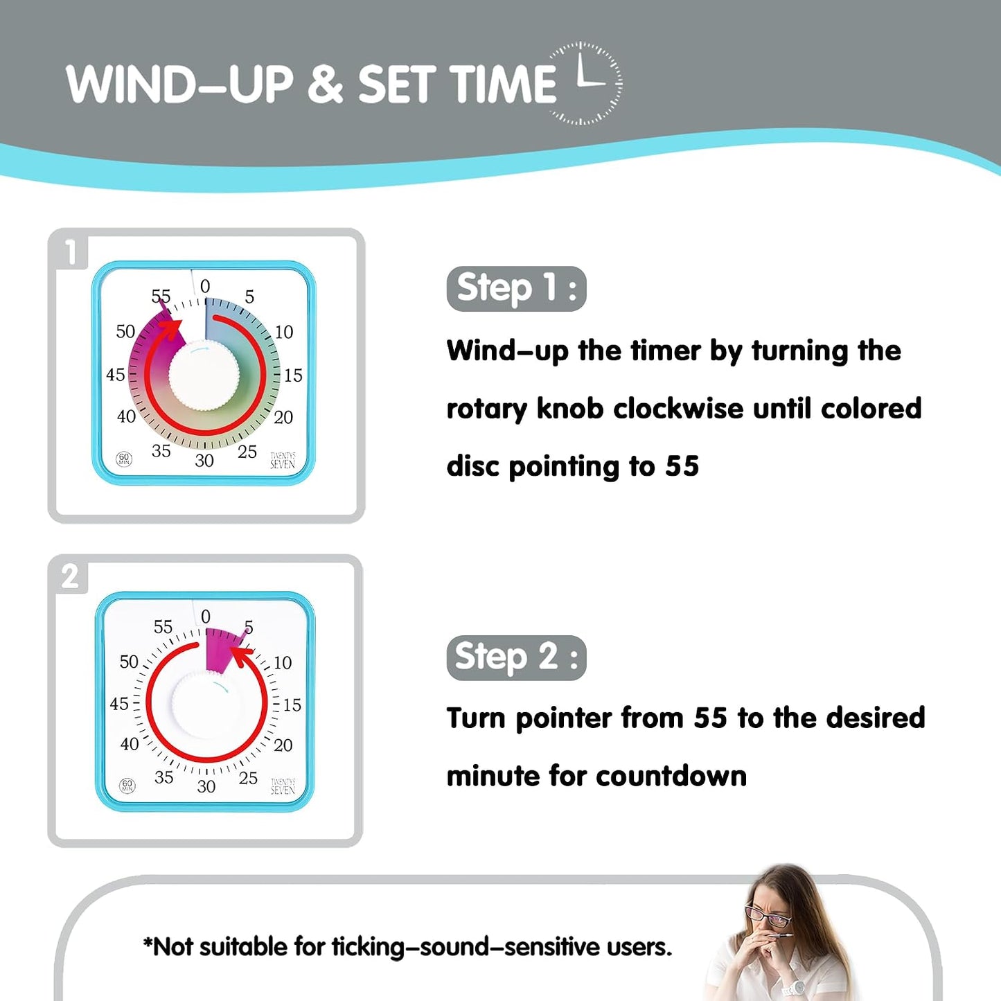 Visual Timer 7.5 inch; 60 Minute 1 Hour Countdown Timer for Kids Classroom Teaching Tool Home Office Meeting, Mechanical Countdown Clock for Exam Time Management Magnetic, Navy Blue with Colorful Disc