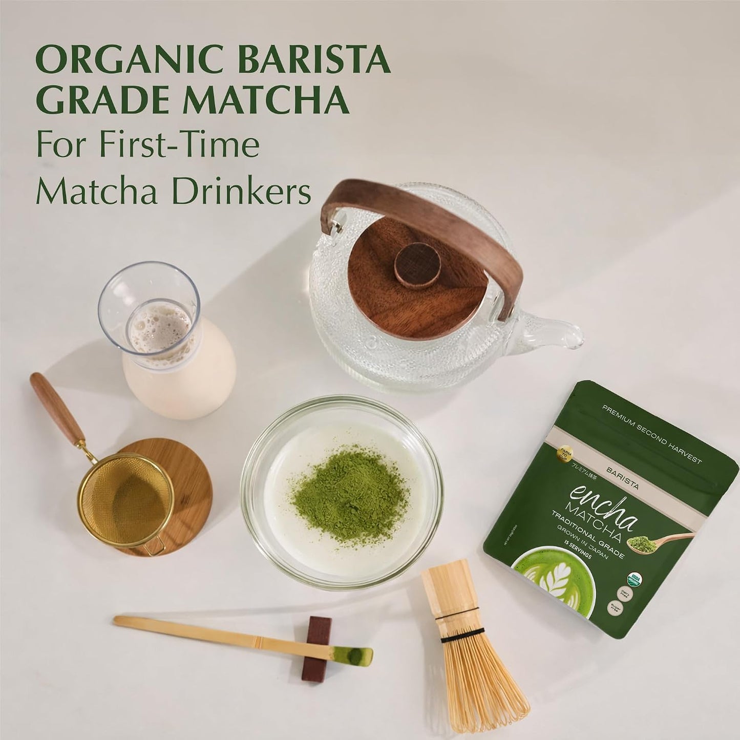Encha Matcha - Latte Grade Matcha Powder - Unsweetened, First Harvest, Organic Green Tea Powder From Uji, Japan (60g / 2.12 Ounce) Premium for Latte, Smoothie - Caffeine, L-Theanine
