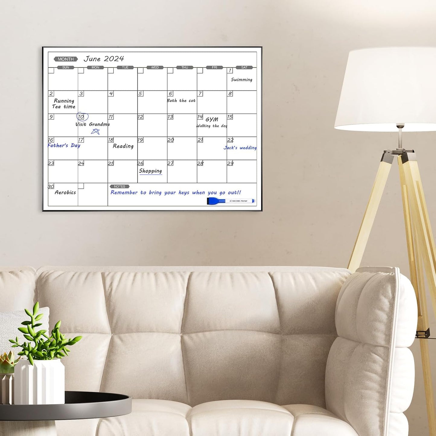 ARCOBIS Monthly Calendar Whiteboard, 24" x 18" Magnetic Dry Erase Calendar with Black Frame, Wall Hanging Planner for Home, Office, School