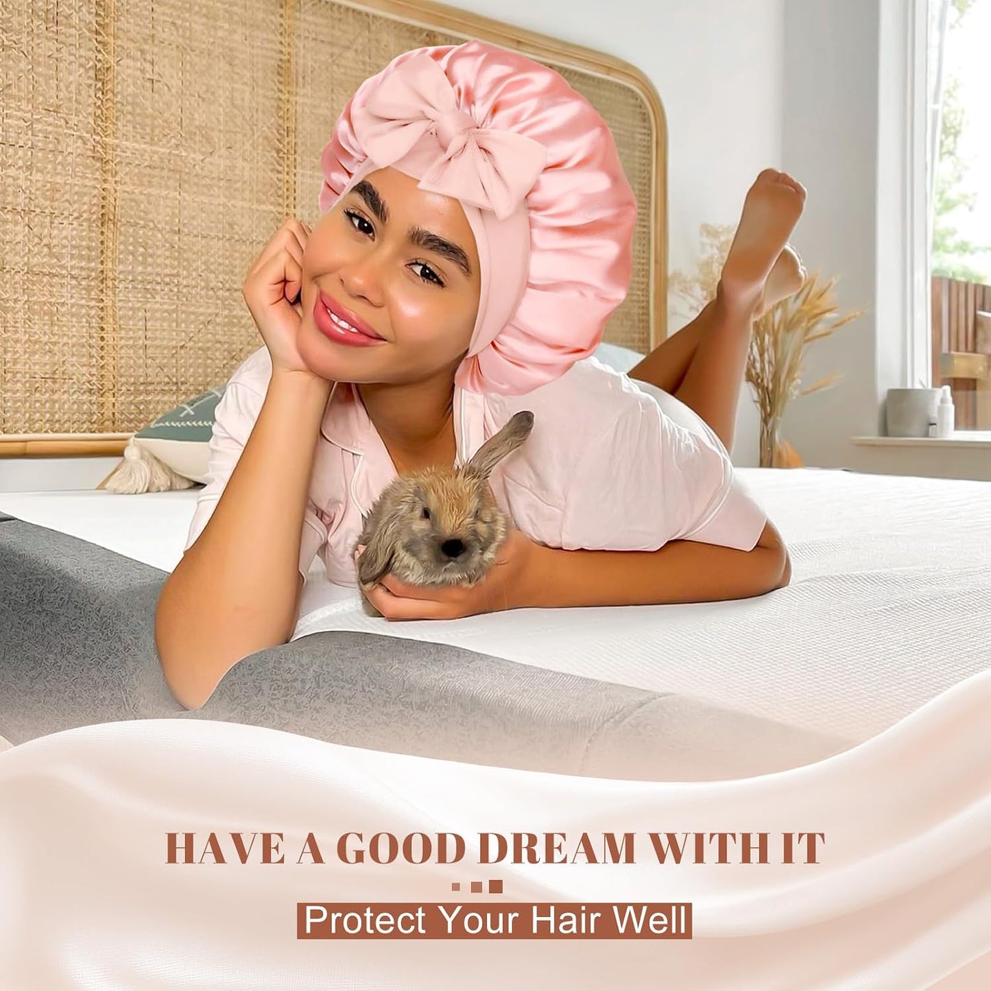 Satin Bonnet for Sleeping Cap Double Layer Hair Bonnet with Elastic Tie Band for Curly Hair Night Cap (Bean Paste + Pink)