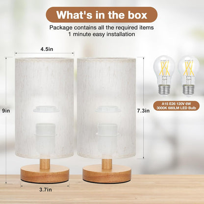 Fenmzee Small Table Lamp for Bedroom - Inline Control, Bedside Lamp with 3000K A15 LED Blub, Easy Assembly (Cream Shade - Wood Base, 9" Inline Control)