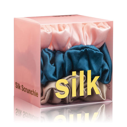 Silk Scrunchies for Hair 100% Mulberry Silk Hair Ties 3 Pack(Black, Navy Blue, Emerald)