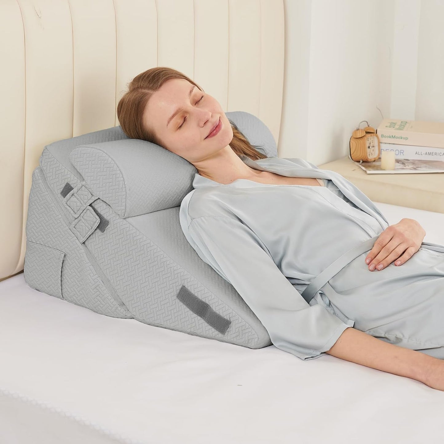 Sasttie Wedge Pillow Set for After Surgery, 2PCS Adjustable Bed Wedge Pillow Headboard with Memory Foam Neck Cushion – for Acid Reflux, Sleeping, Neck & Back Support, Dark Grey & White