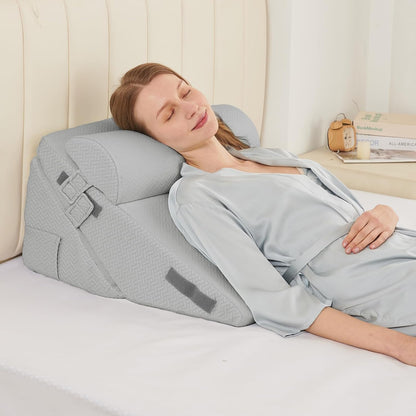 Sasttie Wedge Pillow Set for After Surgery, 2PCS Adjustable Bed Wedge Pillow Headboard with Memory Foam Neck Cushion – for Acid Reflux, Sleeping, Neck & Back Support, Dark Grey & White
