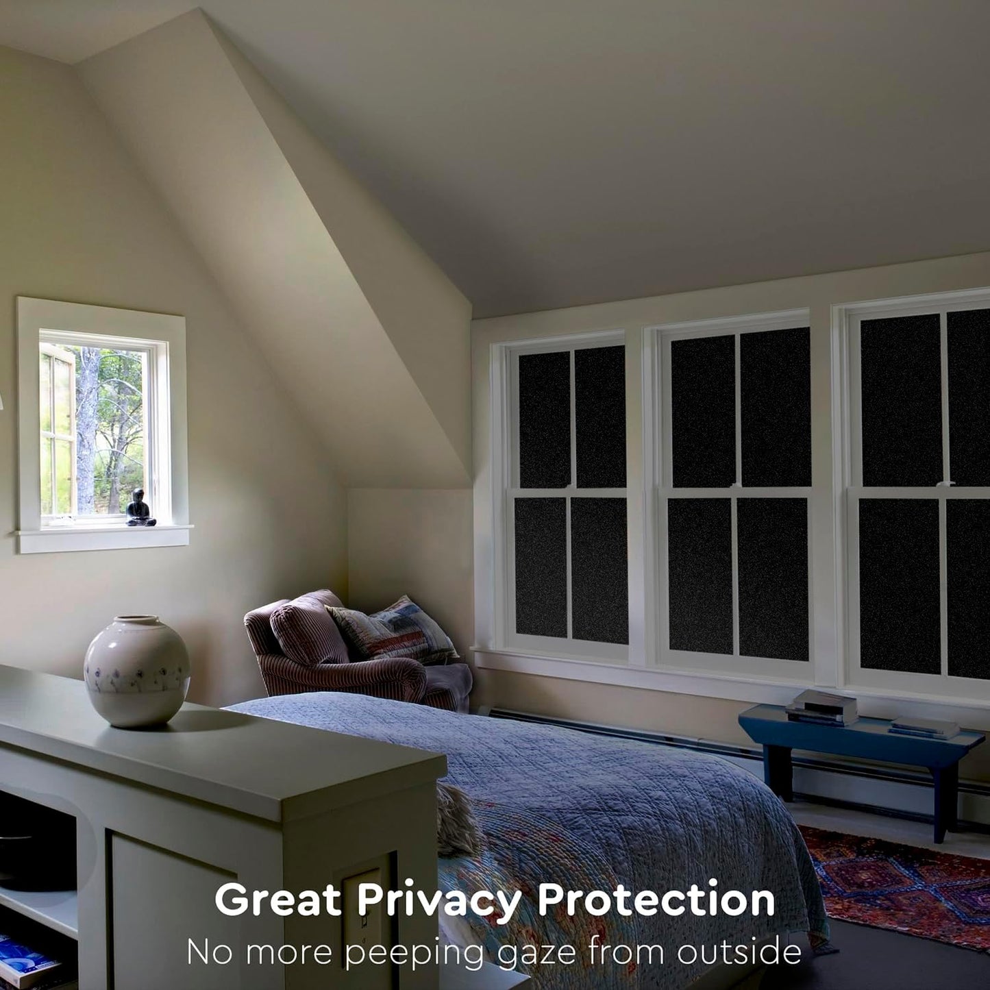 Kromapolis Blackout Window Privacy Film Total Light Blocking Room Darkening Window Covering, Removable Static Cling Frosted Glass Tint, Non-Adhesive, Black 17.5'' x 78.7''