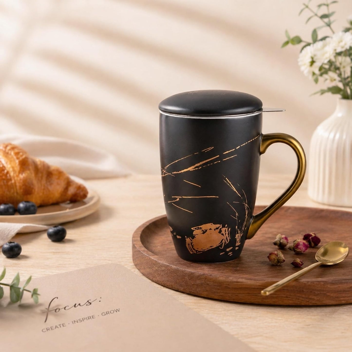 AmorArc Porcelain Tea Mug with Infuser and Lids, 18 Oz Large Cup Strainer with Bag Holder for Loose Leaf Tea, Steeping Coffee Mug for House-warming Wedding Birthday Gift