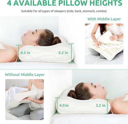 UTTU Cervical Pillow for Neck Pain Relief, Memory Foam Neck Pillow for Sleeping, Adjustable Orthopedic Sandwich Pillow, Contour Cooling for Side Back Stomach Sleeper, Queen(23.6"×13.8"×5.2"/4.5")