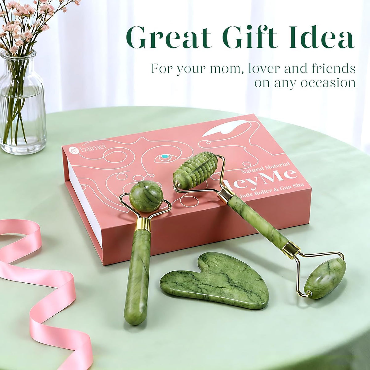 BAIMEI IcyMe Rose Quartz Roller & Gua Sha Facial Tool Set for Depuffing