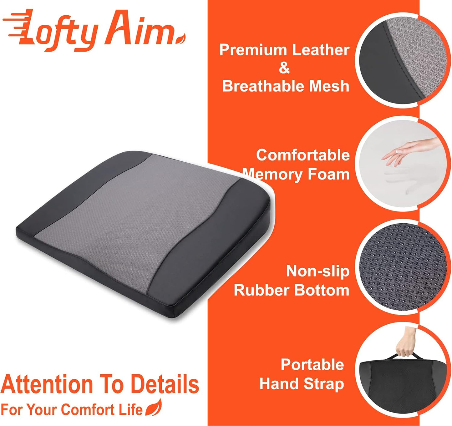 Lofty Aim Car Seat Cushion, Comfort Memory Foam Car Cushions for Driving - Sciatica & Lower Back Pain Relief, Driver Seat Pillow for Auto, Office Chair, Wheelchair - Black