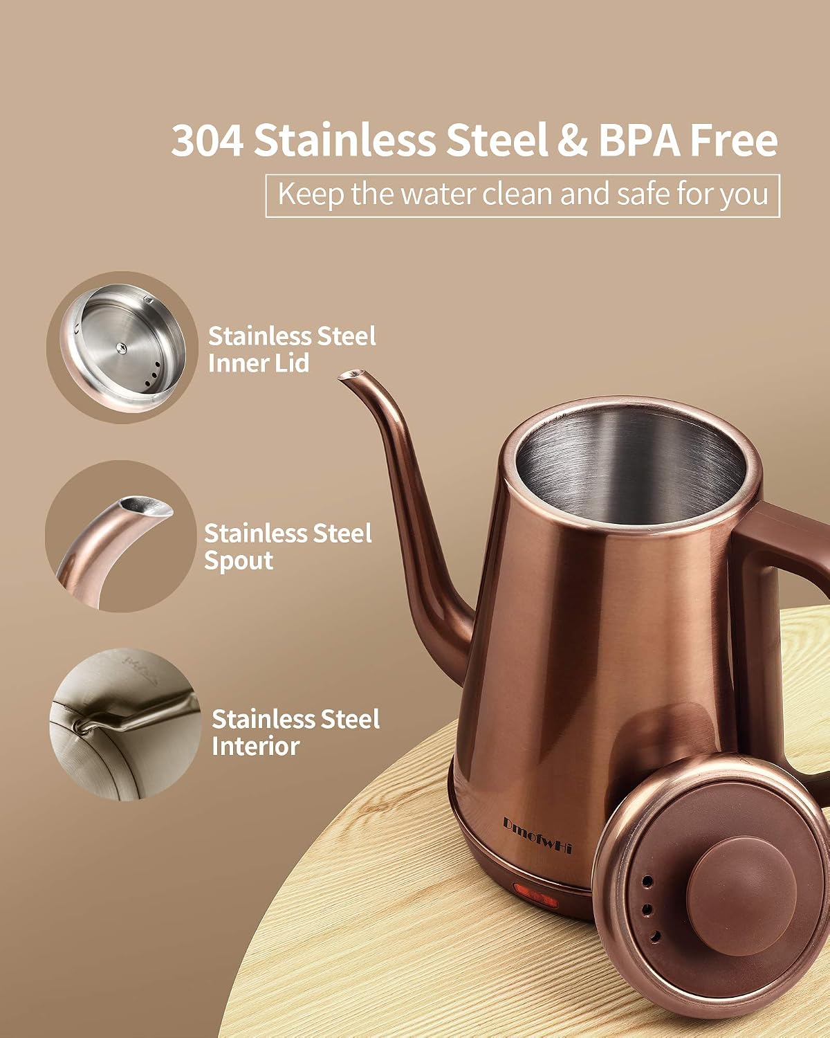 DmofwHi Gooseneck Electric Kettle(1.0L), 100% Stainless Steel BPA Free Classic Pour Over Coffee Kettle | Tea Kettle - Green