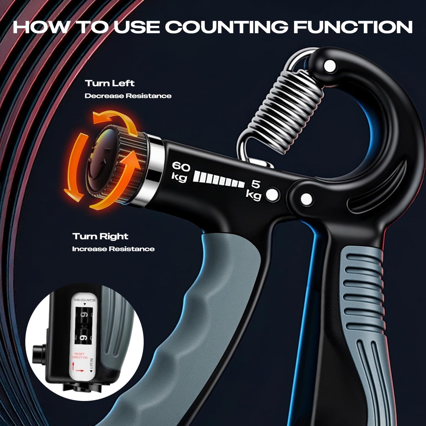 JTHEW Grip Strength Trainer - Adjustable Resistance 11-132lbs/5-60kg Hand Gripper & Forearm Strengthener Device with Smart Counter for Sports & Rehab