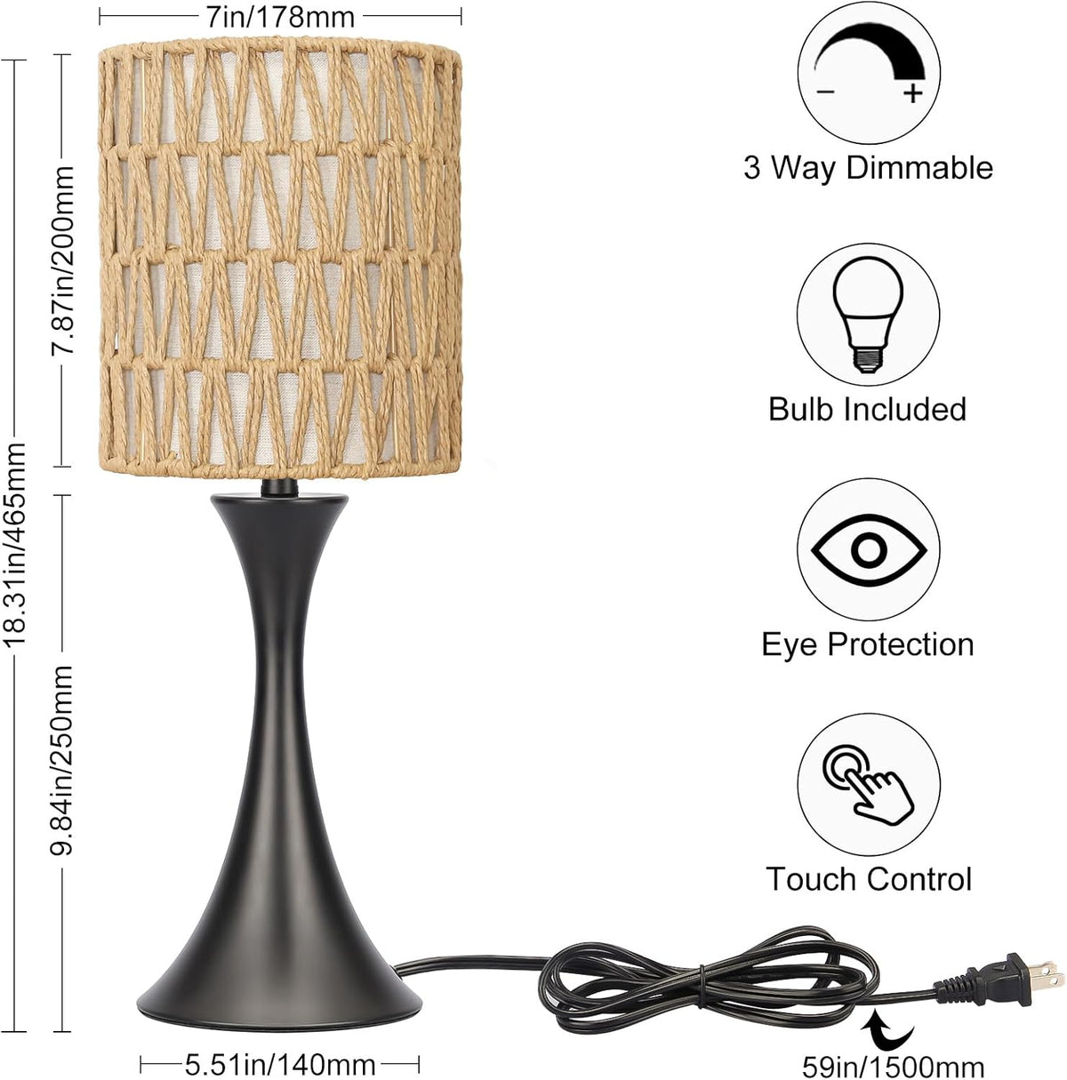 3 Way Touch Control Table Lamp, Dimmable Bedside Desk Lamp with Metal Base Modern Nightstand Lamp Stylish Grey Shade Simple Side Table Lamp for Bedroom, Living Room, Office or Den LED Bulb Included