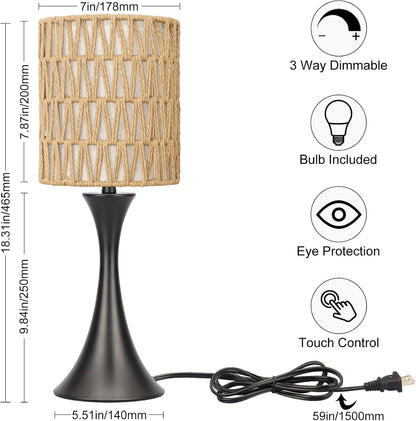 3 Way Touch Control Table Lamp, Dimmable Bedside Desk Lamp with Metal Base Modern Nightstand Lamp Stylish Grey Shade Simple Side Table Lamp for Bedroom, Living Room, Office or Den LED Bulb Included