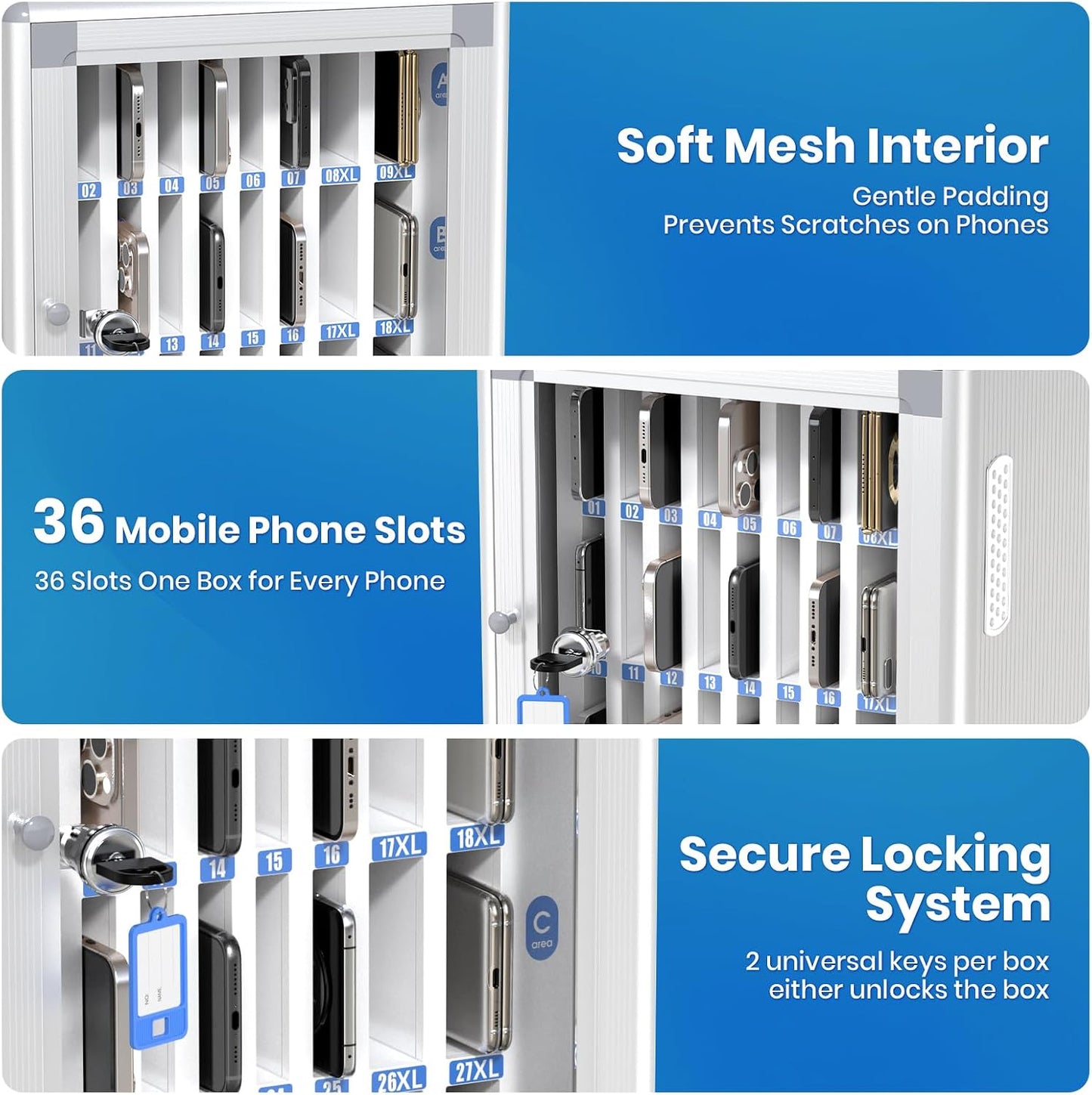 24 Slots Cell Phone Locker, Classroom Phone Storage Cabinet with Key, 【Wall Mounted】 【Aluminum Alloy】 Phone Lock Box, Mobile Phone Lockbox with Handle for School Office Exam(Silver)