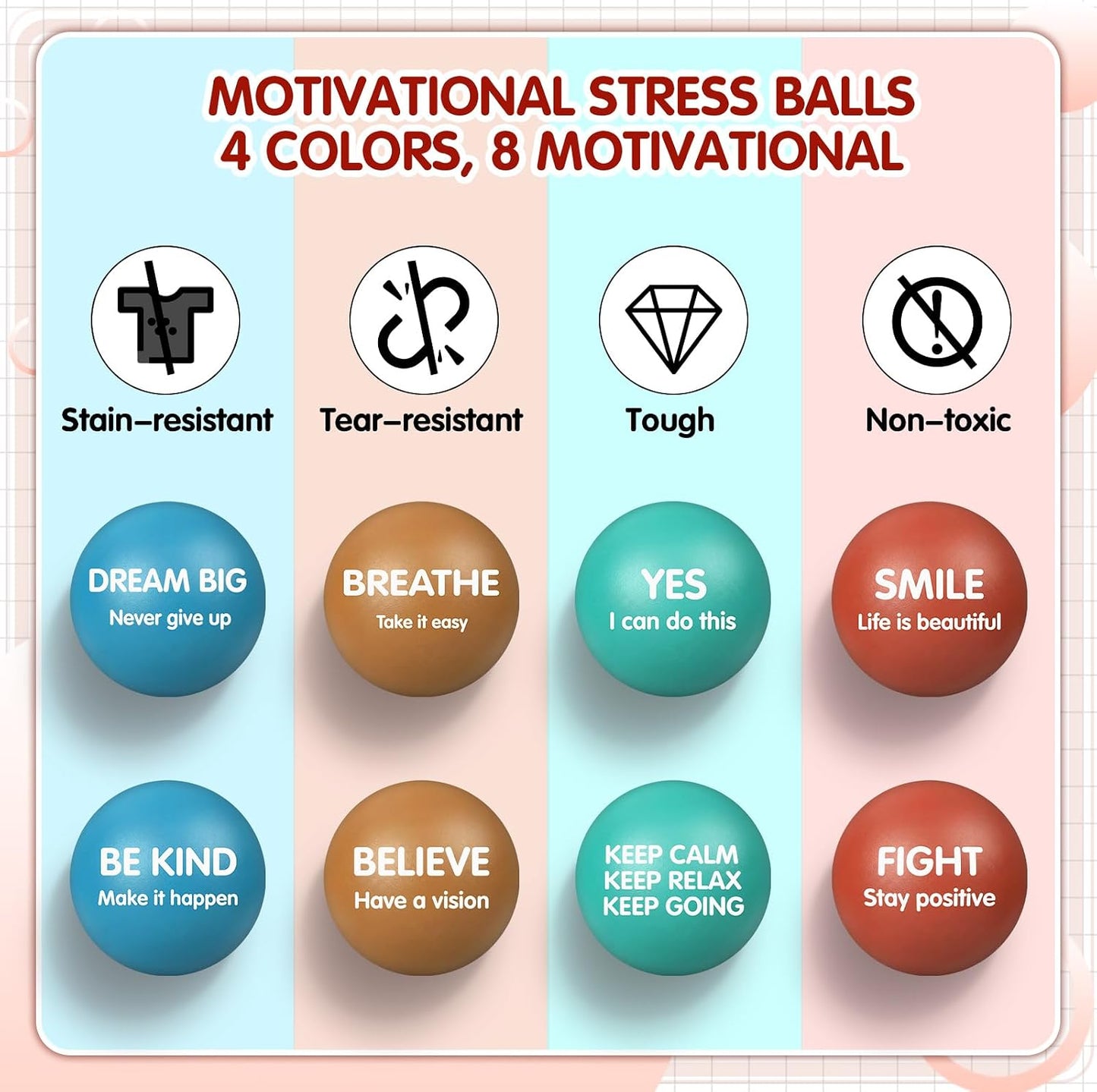 Liliful 100 Pcs Motivational Stress Balls Bulk Inspirational Squeeze Balls for Adults Anxiety Relief Fidget Toys Office Employee Gifts Classroom Rewards 2.2 Inch (Bright Colors)