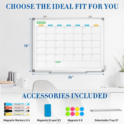 WALGLASS Weekly Dry Erase Calendar Whiteboard for Wall, 24" x 18" Double-Sided Weekly Planner White Board with Notes, Daily Tracker, Aluminum Framed Hanging & Wall Mount for Home, Office, School